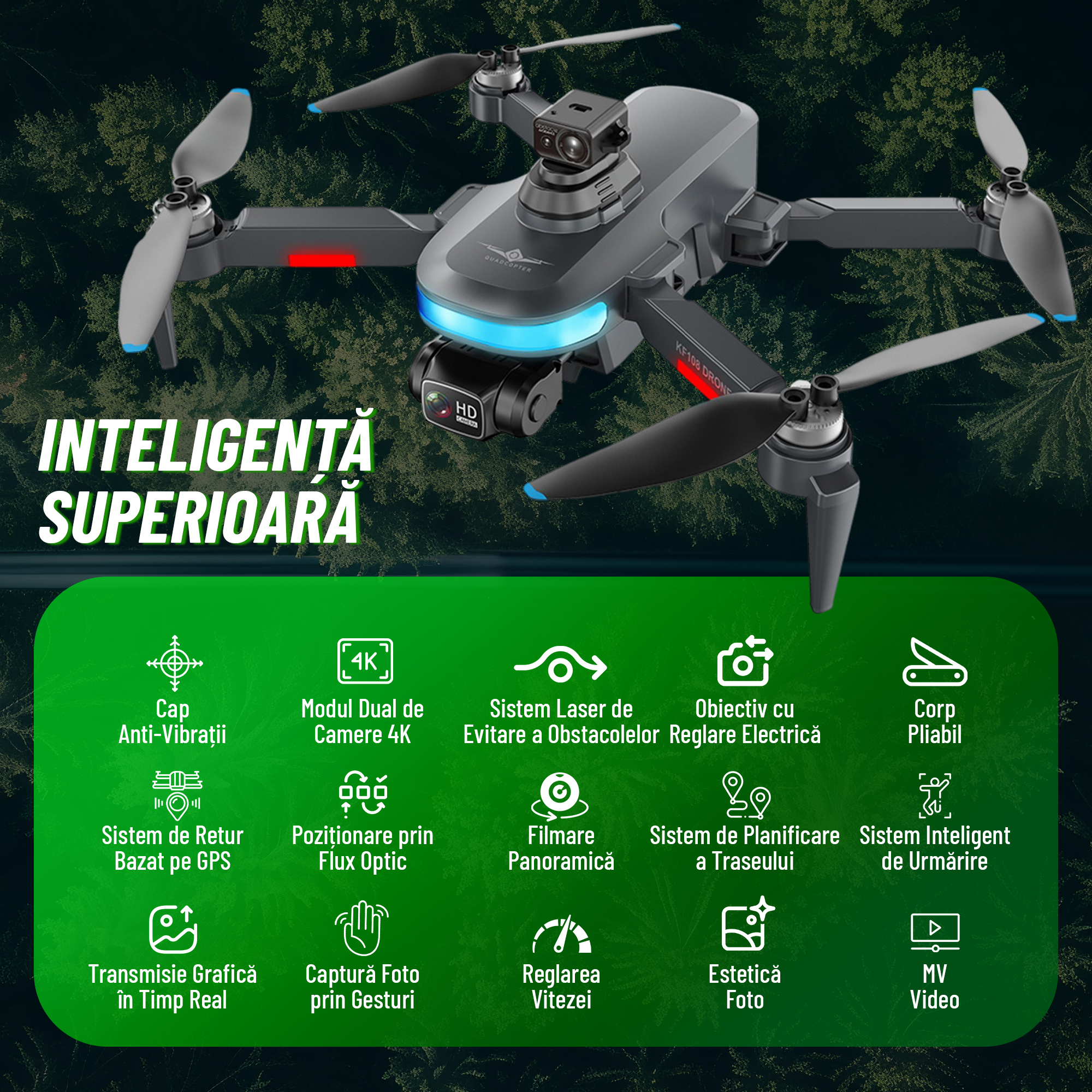 Dronă Nivazo KF108, autonomie de până la 22 de minute, acumulator 2200mAh