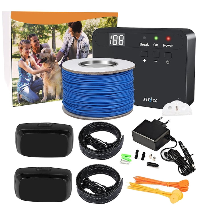 Gard invizibil pentru caini Nivazo® SafeZone, 2 zgarzi cu transmitator, rola cablu delimitare 200m