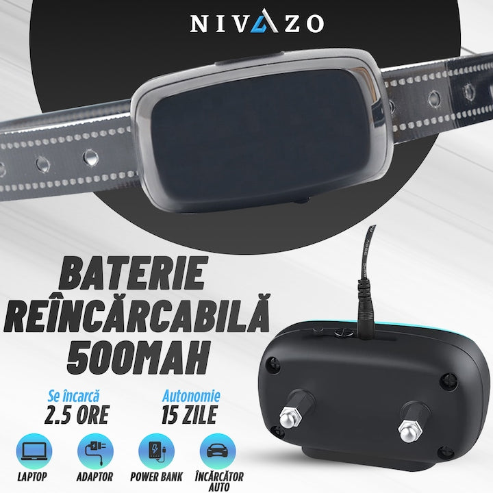 Gard invizibil pentru caini Nivazo® SafeZone, 2 zgarzi cu transmitator, rola cablu delimitare 200m
