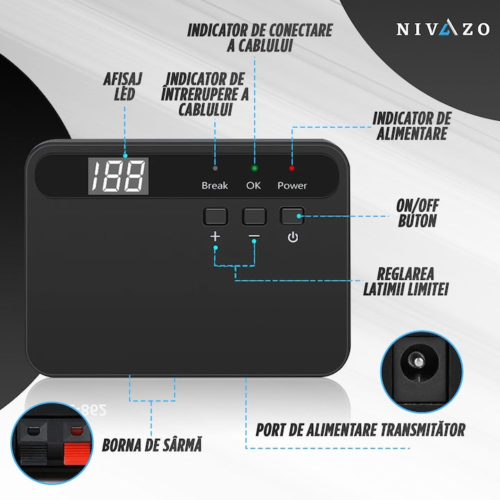 Gard invizibil pentru caini Nivazo® SafeZone, 2 zgarzi cu transmitator, rola cablu delimitare 200m