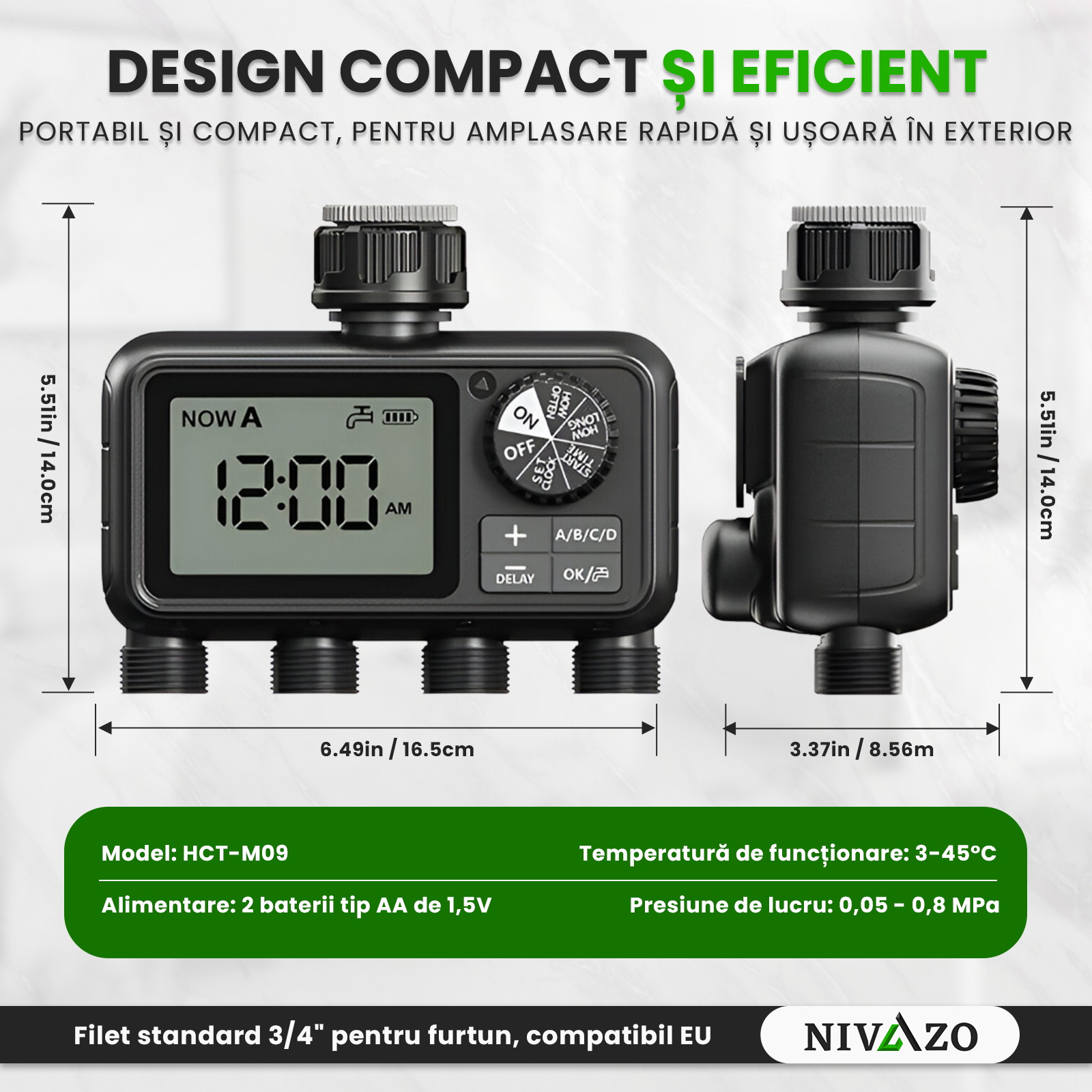 Programator pentru irigare Nivazo® WaterMaster HCT-M09, 4 zone, detectie ploaie