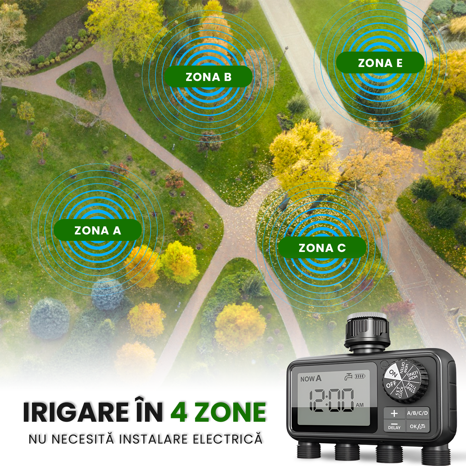 Programator pentru irigare Nivazo® WaterMaster HCT-M09, 4 zone, detectie ploaie